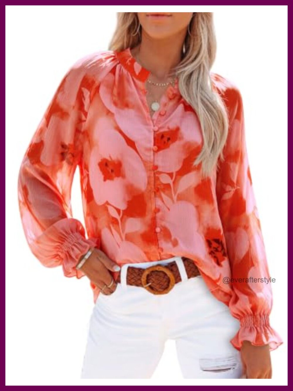 Womens Floral Chiffon Button Down Blouse V Neck Long Sleeve Boho Top